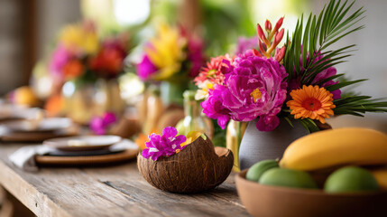 Fototapeta premium Vibrant Display of Tropical Flowers and Fresh Fruits in Decorated Island Inspired Setting with Natural Elements