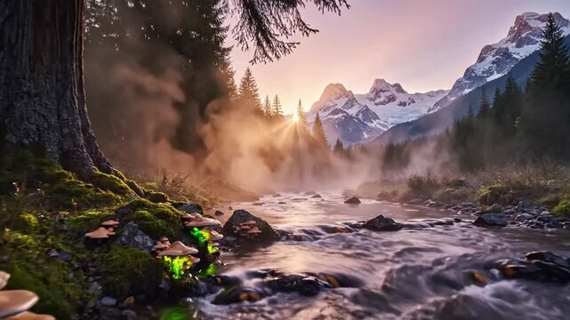 Glowing fungi cluster amidst dark forest with soft, ethereal glow emanating from effect ad_ready green screen soft glow frame style