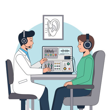 Audiologist performing hearing test on a female patient.