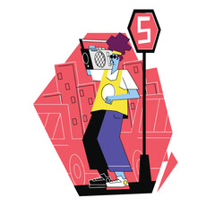 A person listening to an old radio