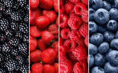 Collage of different fresh berries. Strawberries, blueberries, raspberries and blackberries