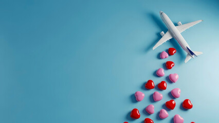 Passenger airplane with heart shaped trail symbolizing romantic travel honeymoon tourism and Valentine Day celebration in blue sky