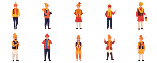 Punjabi Men Winter Celebration Characters Wearing Traditional Indian Outfits Illustration