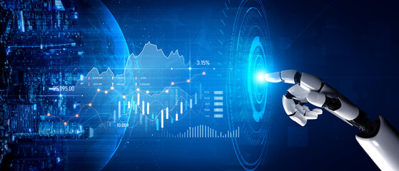 A robotic hand interacts with a glowing digital interface, showcasing financial data and global analytics in a high-tech environment, symbolizing future technology. Scalp