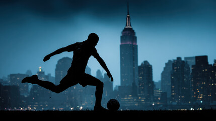 Dramatic silhouette of a football player against the New York Manhattan cityscape
