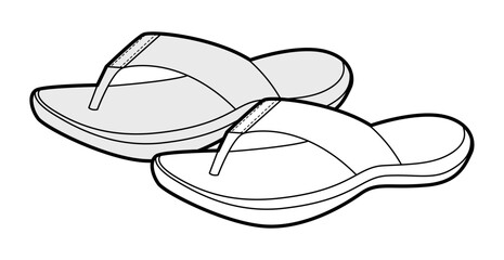 Flip flop sandal shoe women sketch pair. Curved sole comfort thong for summer beach outfit. Technical fashion illustration CAD mockup vector man unisex isolated classic style.