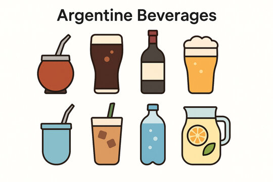Argentine Beverage Icon Set with Mate, Fernet, Malbec and Coffee in Flat Vector Style