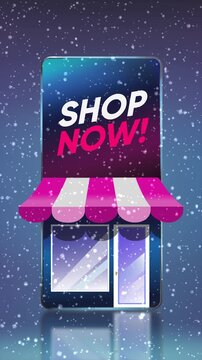 Winter Sale, mobile online shopping concept. Falling snow animation. 4K vertical video.