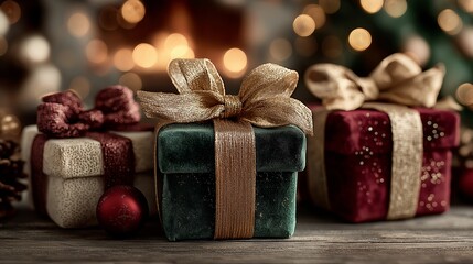 Velvet gift boxes with elegant ribbons support Christmas marketing, retail promotion and seasonal product advertising. The image enhances branding for holiday sales, celebration materials and festive 