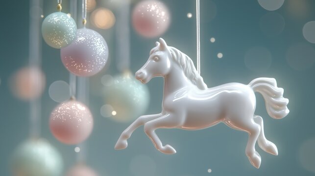 Glossy white ceramic horse ornament with pastel Christmas balls conveys seasonal decoration, gift merchandising, and holiday interior styling concepts. New Year simbol