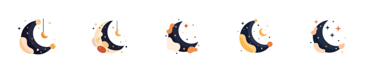 Crescent Moon Night Flat Vector Illustration Icon Collection Set