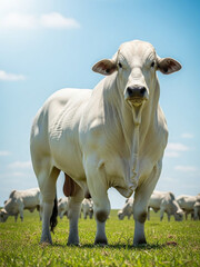 Obraz premium Boi Nelore em pasto verde com rebanho ao fundo sob céu azul