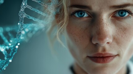 Female researcher appears in a genetic-science concept highlighting molecular visualization and biotechnology communication. medical innovation, laboratory branding, and genomic study themes