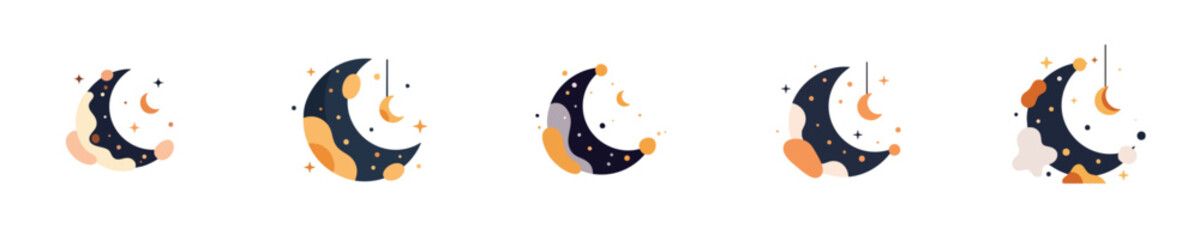Crescent Moon Night Sky Flat Vector Icon Illustration Set