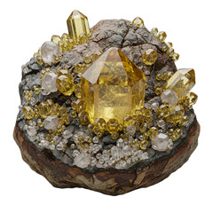Large boulder with sparkling topaz crystals and a vibrant yellow prism, isolated on transparent background. Ideal for luxury jewelry designs, gemology education, spiritual healing content,