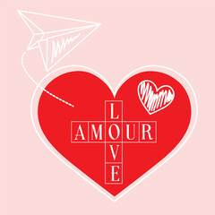 Red heart apparel print amour french is love, Graphic design print t-shirts fashion, illustration, vector, posters, cards, stickers, mug 