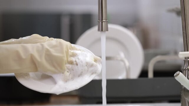 Washing dishes with soapy water, a gloved hand rinses a plate under running water, showcasing the cleaning process in a kitchen sink with dishware in the background