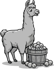 Grayscale cartoon llama with a friendly smile standing beside a wooden bucket overflowing with apples.