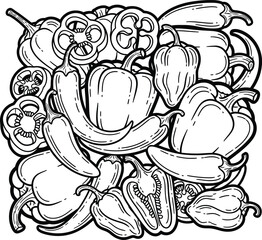 Handdrawn doodle collage of various peppers including bell chili and sliced varieties.