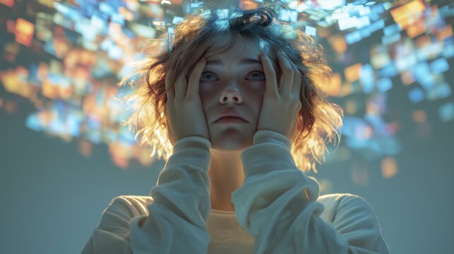 A girl overwhelmed by digital overload illustrating stress, information pressure and modern media consumption. Image supports mental health, digital balance and wellness campaigns
