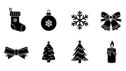Fototapeta premium Set of various Christmas icons including stocking, bauble, snowflake, bells, bow, tree, and candle