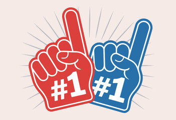 Excited Fans Cheering with '#1' Foam Fingers in Vibrant Red and Blue Colors for Sports Events