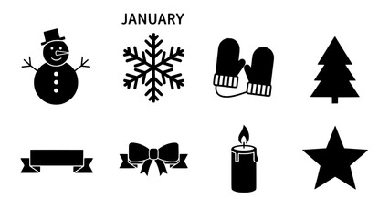 January Icons Snowman, Snowflake, Mittens, Christmas Tree, Candle, Bow, Star, Banner