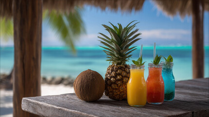Obraz premium Tropical Beach Bar with Fresh Fruit Cocktails and Refreshing Drinks Surrounded by Exquisite Natural Beauty and Paradise Vibes