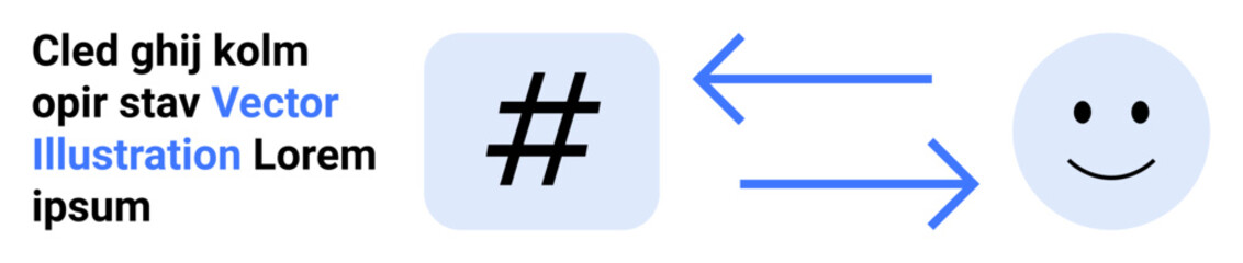 Obraz premium metadata tag box connected to smiling face with bi-directional blue arrows. Ideal for social media, communication, feedback, connection, interaction, marketing, digital tools, simple landing page