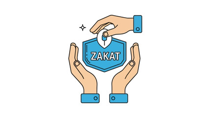 A hand giving a coin into a blue zakat charity shield held by another hand.