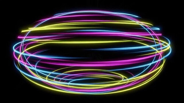 Abstract Neon Sphere: A vibrant display of colorful neon light trails forms a mesmerizing sphere, symbolizing energy, motion, and futuristic concepts. 