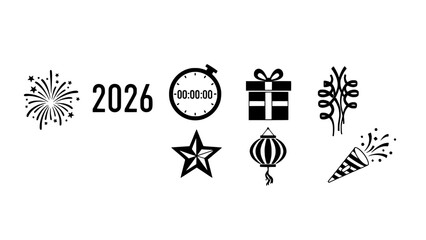 Festive celebration elements for New Year 2026 countdown timer, fireworks, and party icons