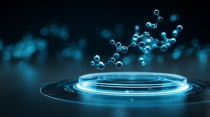 futuristic AI drug discovery interface, holographic molecular structures floating above circular platform, glowing blue and cyan light, scientific UI