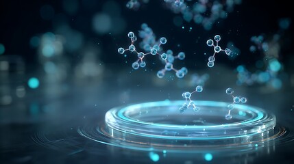 futuristic AI drug discovery interface, holographic molecular structures floating above circular platform, glowing blue and cyan light, scientific UI