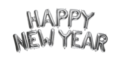 Happy New Year text made from silver mylar foil balloons. Festive party decoration for New Year's Eve celebration or holiday greeting card. Realistic inflatable letters on a transparent background.
