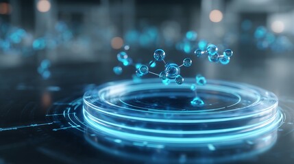 futuristic AI drug discovery interface, holographic molecular structures floating above circular platform, glowing blue and cyan light, scientific UI