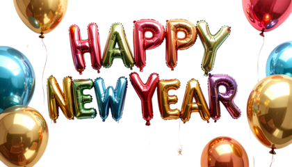 Colorful 'Happy New Year' text made of metallic foil balloons. Festive decoration for holiday celebration, party, or event. Isolated object with a transparent background for easy design.