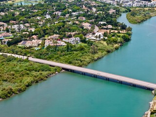 aerial view a bridge over the R&iacute;o Guadiaro near Sotogrande at the Mediterranean Sea, Cadiz, Costa del Sol, Andalusia, Spain