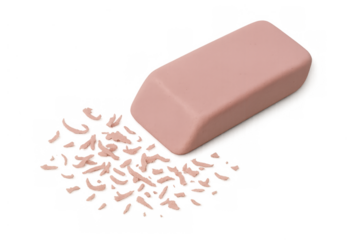 Pink eraser correcting a mistake, erasing graphite pencil marks, leaving rubber shavings on transparent background