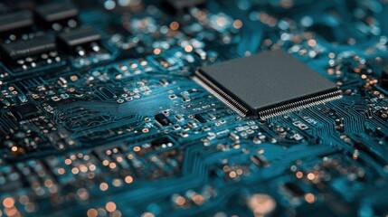 Microchip and Circuit Board Close-Up with Intricate Network Design