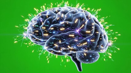 Glowing green screen cerebral landscape with human brain anatomical model 3d effect green screen style featuring neural networks, - Powered by Adobe