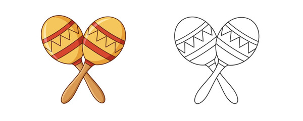 Colored and black and white outline vector illustrations of pair of maracas in yellow and red colors used for music icons and educational coloring book elements