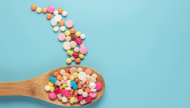 A wooden spoon overflowing with a colorful assortment of pills and capsules, with more spilling out from above against a bright blue background.