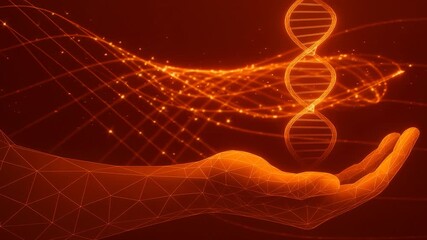 Abstract DNA helix in digital hand on red background. Medical science concept, genetic research, biotechnology, healthcare innovation.

 - Powered by Adobe
