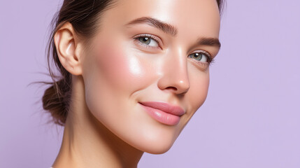 Fototapeta premium Radiant skin close up woman glowing complexion healthy smooth texture natural makeup youthful beauty soft lighting confident expression enhance fresh and vibrant look of portrait