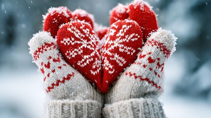 Snow-Kissed Winter Gloves: Red and Cream Knit Patterns for Cold Days