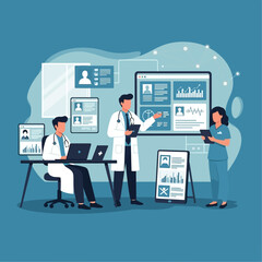 Doctors and nurse analyzing digital patient data and medical records on screens.