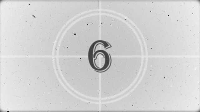 Vintage monochrome film countdown leader displays classic numbers eight five and two over a textured background suggesting an exciting cinematic opening or nostalgic media transition.