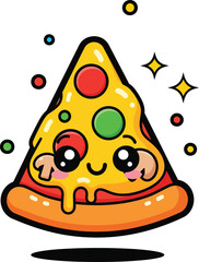 Cute Kawaii Pizza Slice Cartoon Character with Big Eyes a Smile and Colorful Toppings.