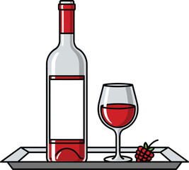 Illustrated red wine bottle with a blank label a full glass and a raspberry on a silver tray.